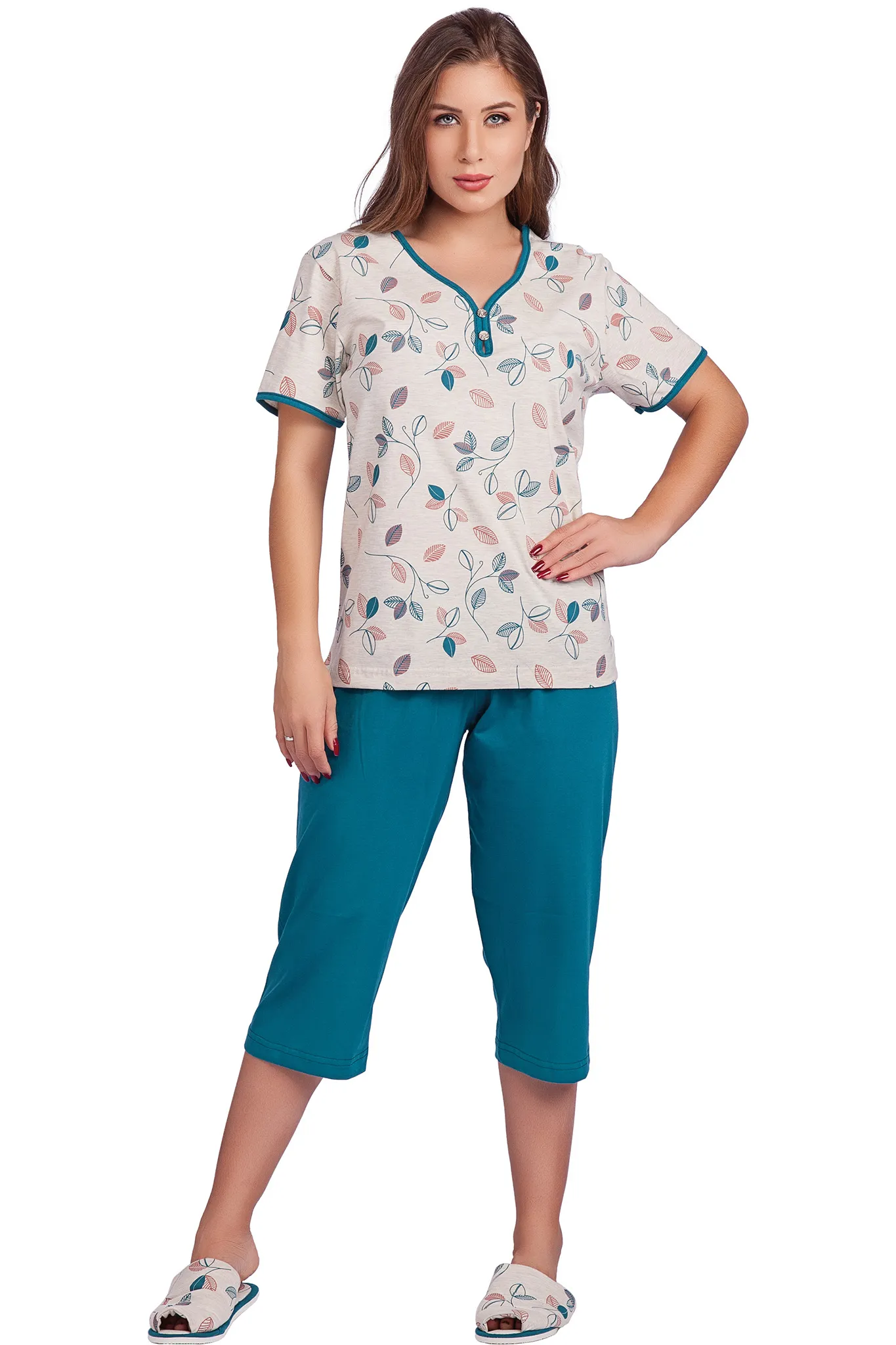 Pijama Capri Meia Manga Gola Princesa Algodão