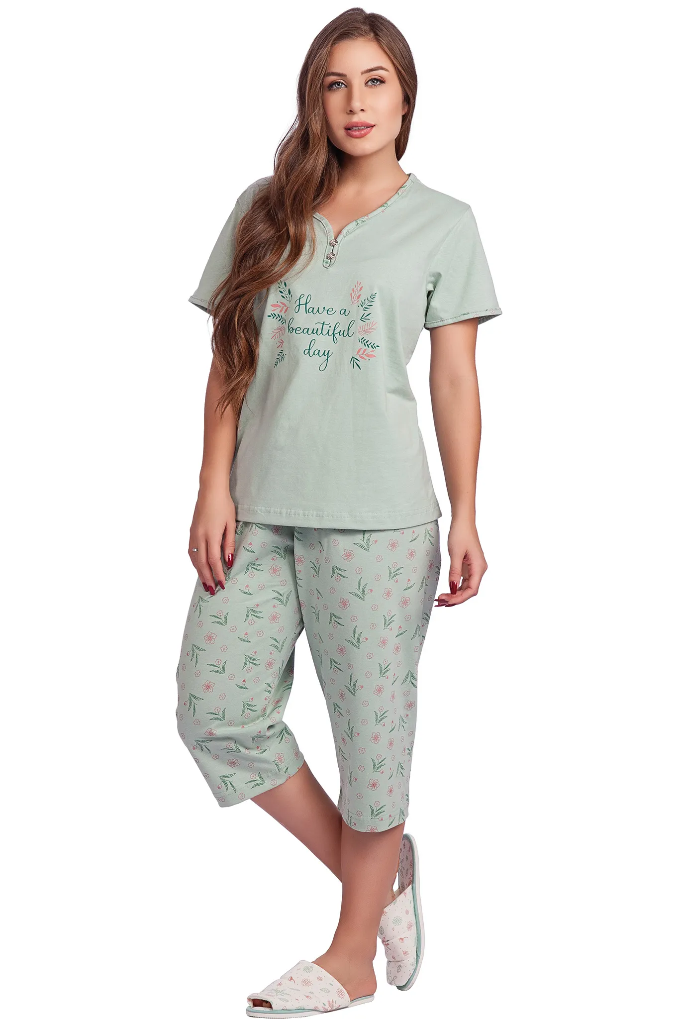 Pijama Capri Meia Manga Gola Princesa Algodão